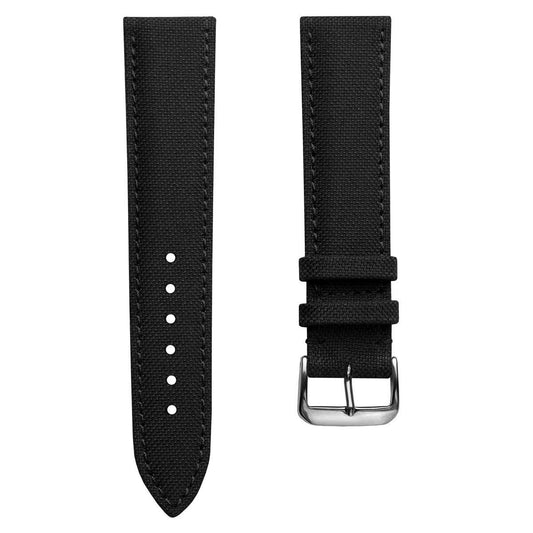 A black canvas watch strap shown