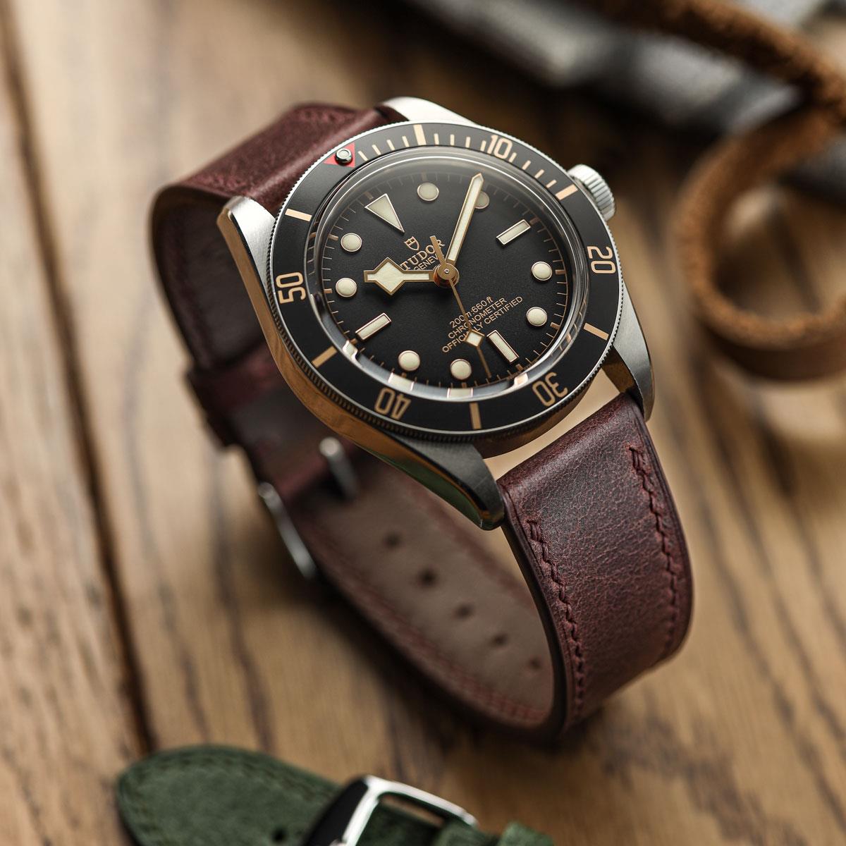 Ravello Tuscan Leather Watch Strap - Bordeaux on Tudor Black Bay 58