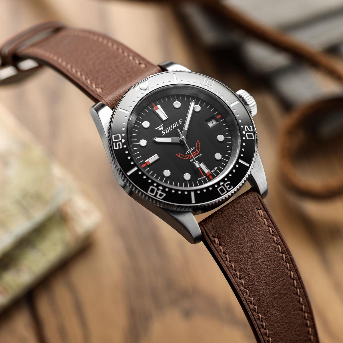 Ravello Tuscan Leather Watch Strap - Medium Brown on Squale 1545