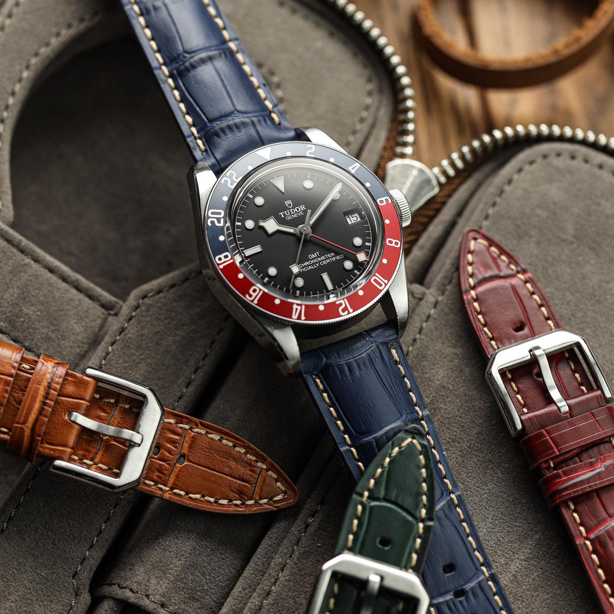 Carolina Gator Print Genuine Leather Watch Strap - Blue on Tudor GMT