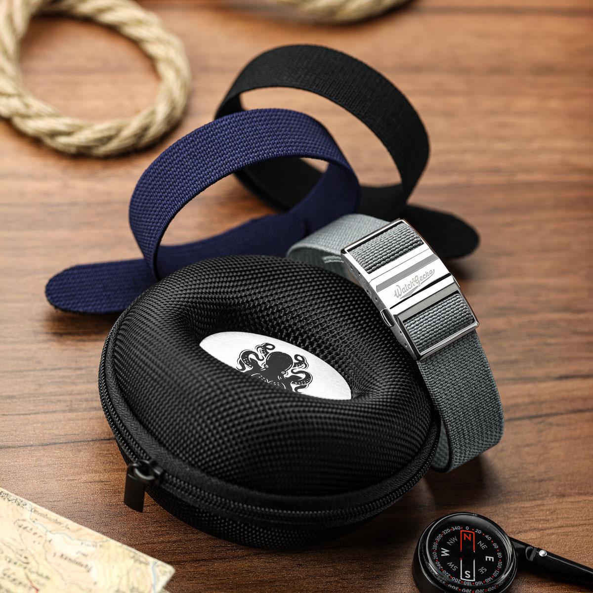 Black zippered watch strap case with a strap on a wooden surface