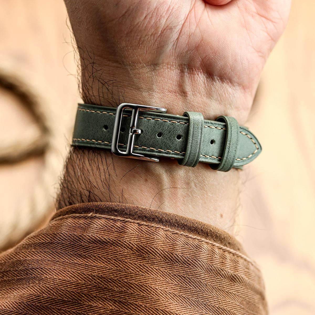 WatchGecko Brixham Special Buckle Vintage Leather Watch Strap - Sage Green