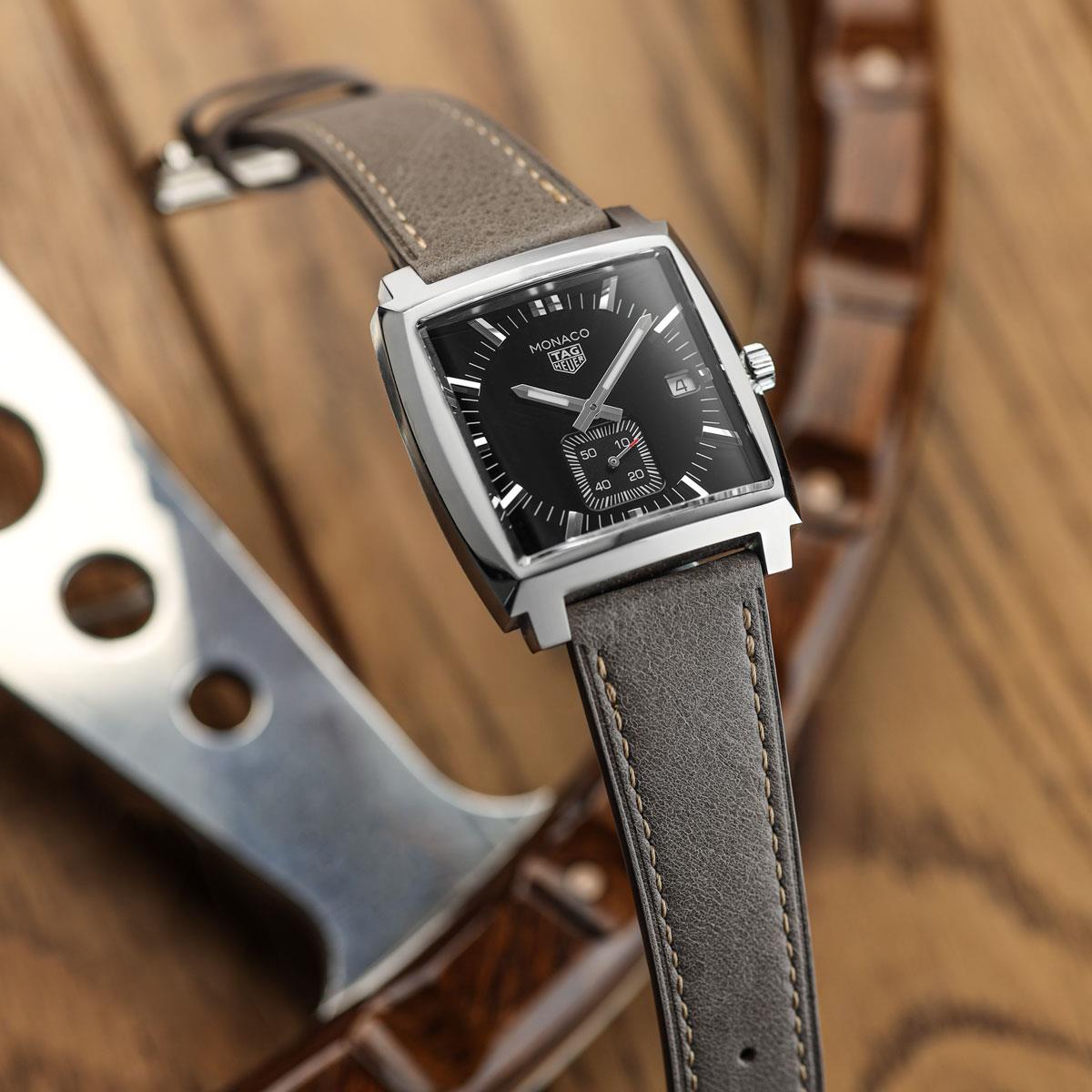 WatchGecko Brixham Special Buckle Vintage Leather Watch Strap - Grey on Tag Heuer Monaco