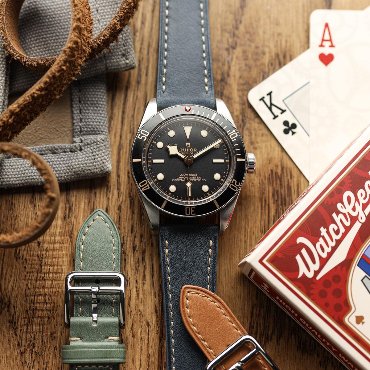 Brixham Special Buckle Vintage Leather Watch Strap - Dark Blue on Tudor Black Bay 58