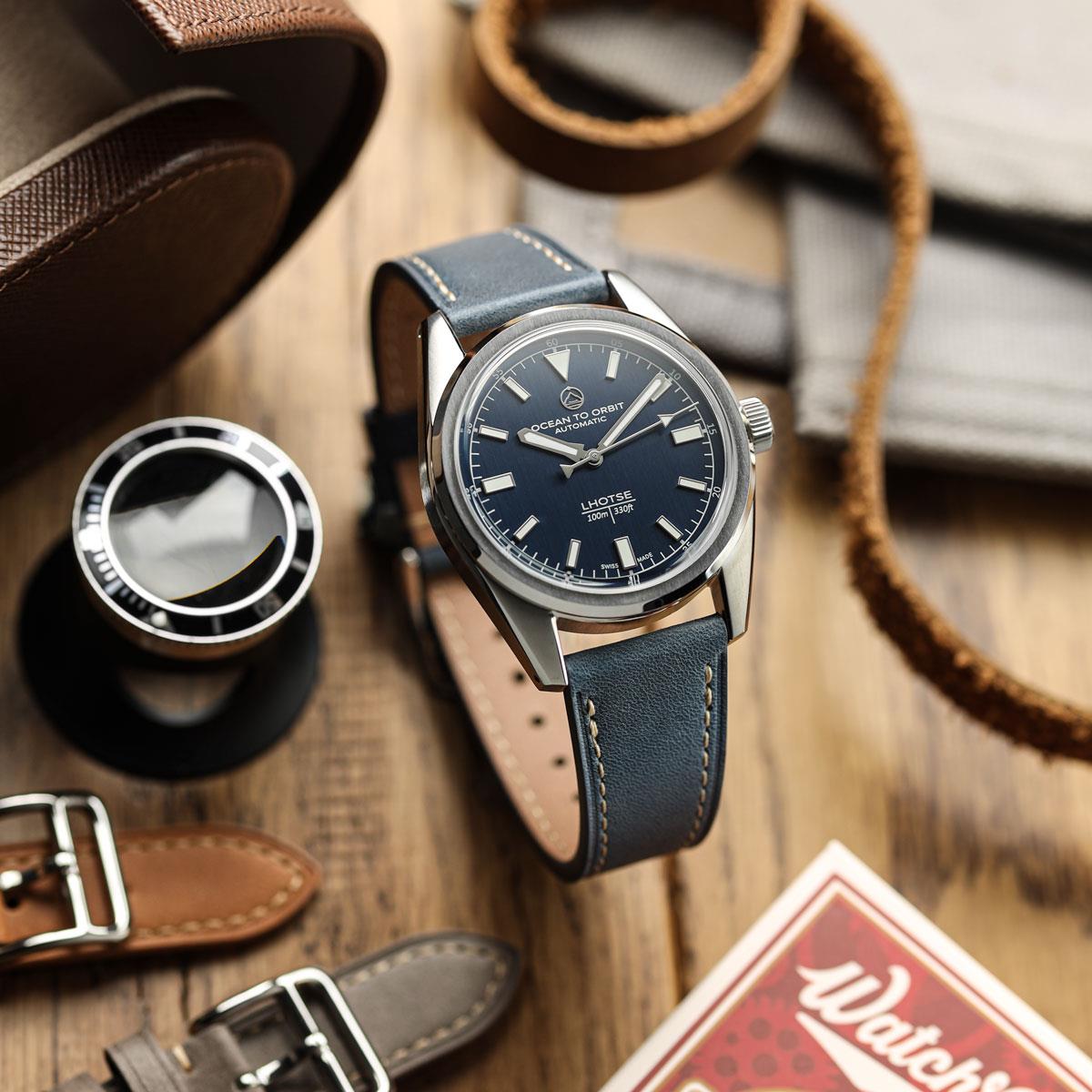 Brixham Special Buckle Vintage Leather Watch Strap - Dark Blue on Ocean to Orbit