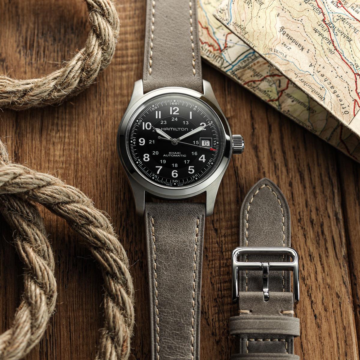WatchGecko Brixham Special Buckle Vintage Leather Watch Strap - Grey on Hamilton Khaki Field Automatic