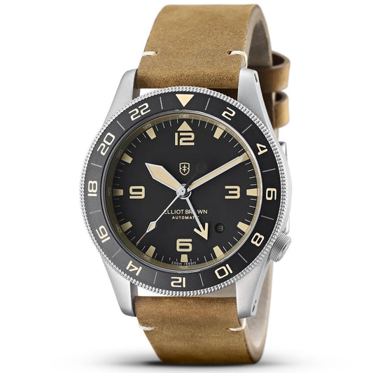 Elliot Brown Holton GMT Automatic - Sandblasted Case, Black Dial, Leather Strap