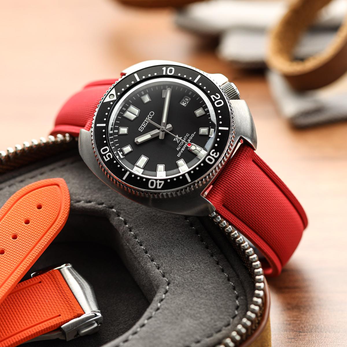 Endurance Rubber Deployant Watch Strap - Signal Red on Seiko