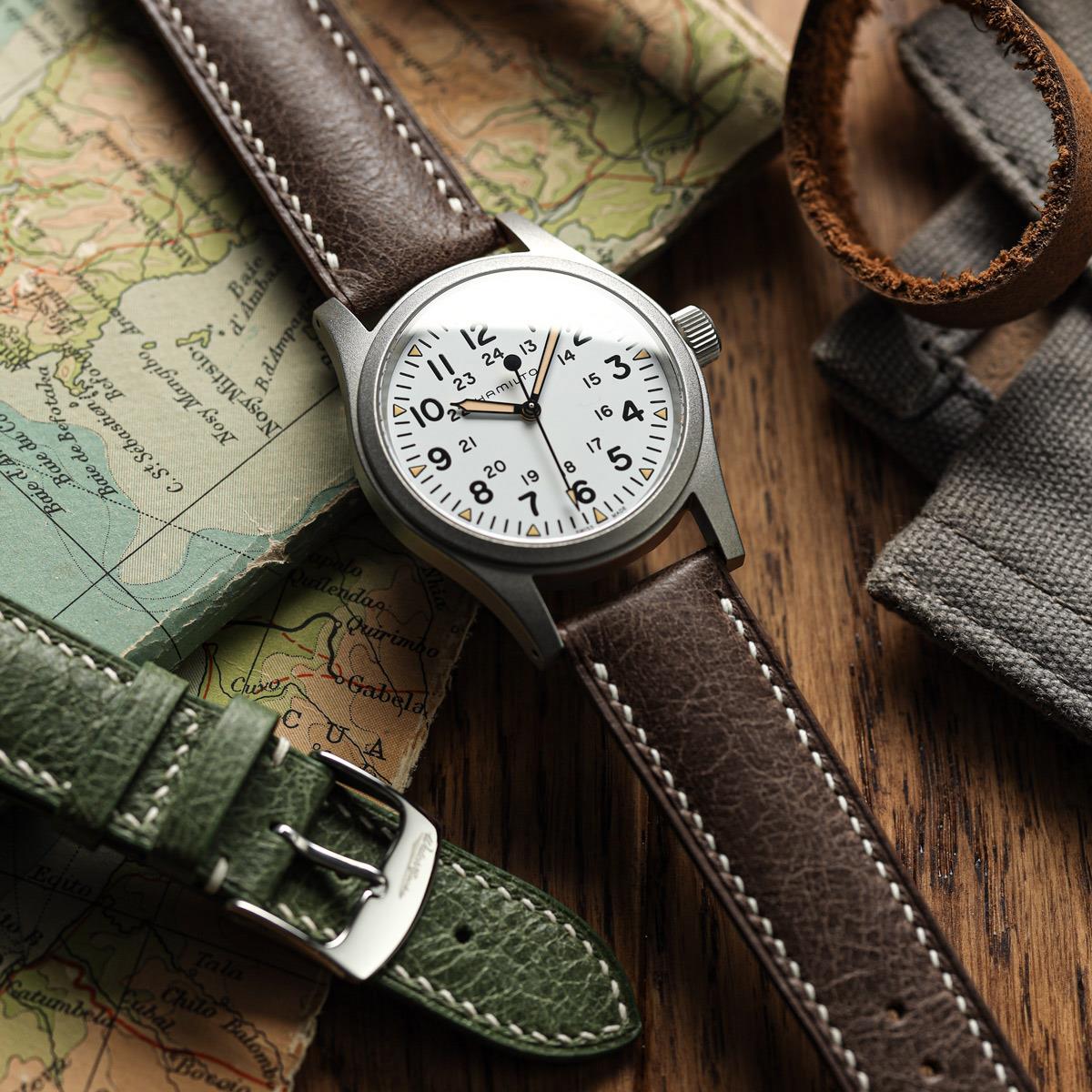 Lerano Tuscan Padded Leather Watch Strap - Medium Brown on Hamilton Khaki Field