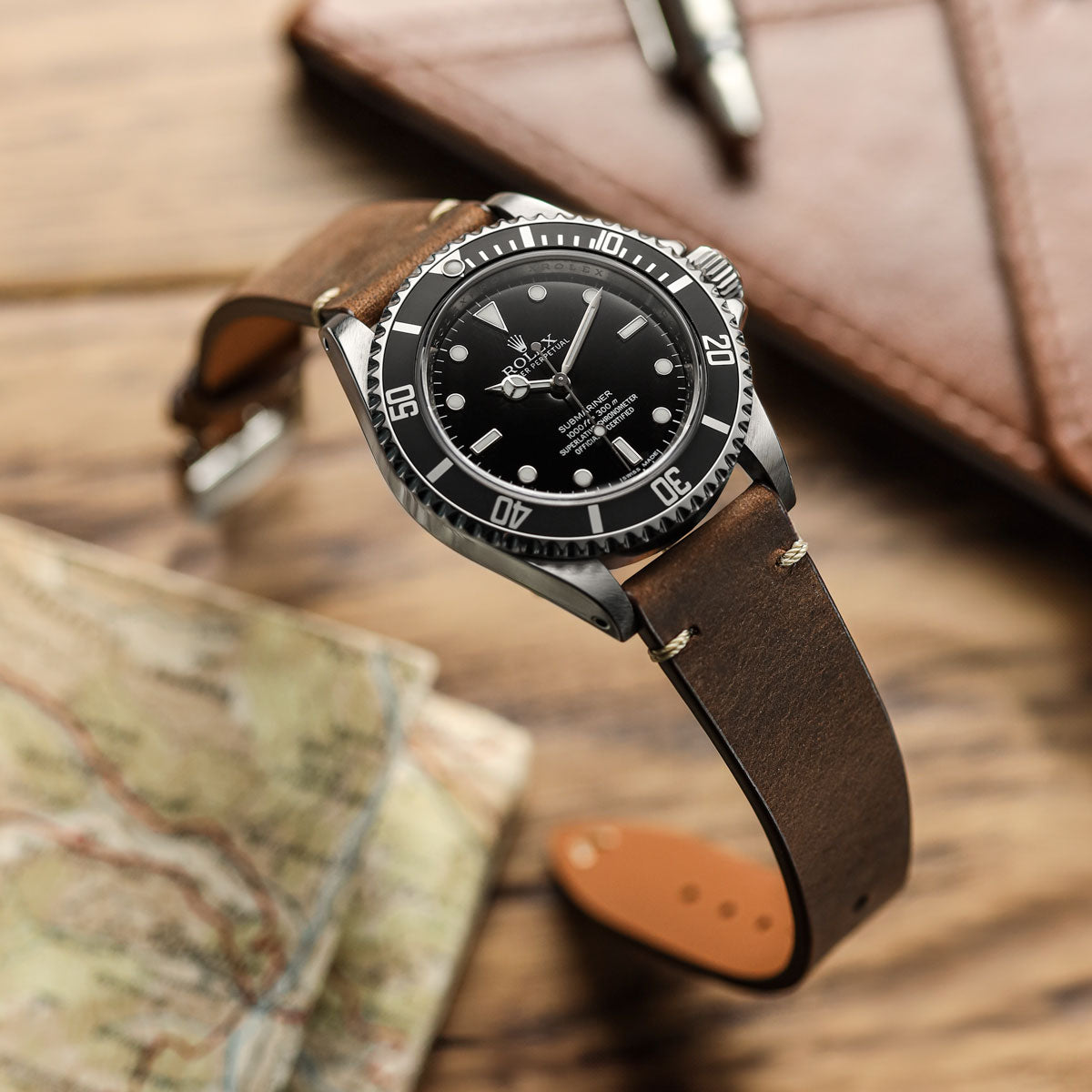 German V-Stitch Crazy Horse Leather Watch Strap - Gold on Rolex Submariner