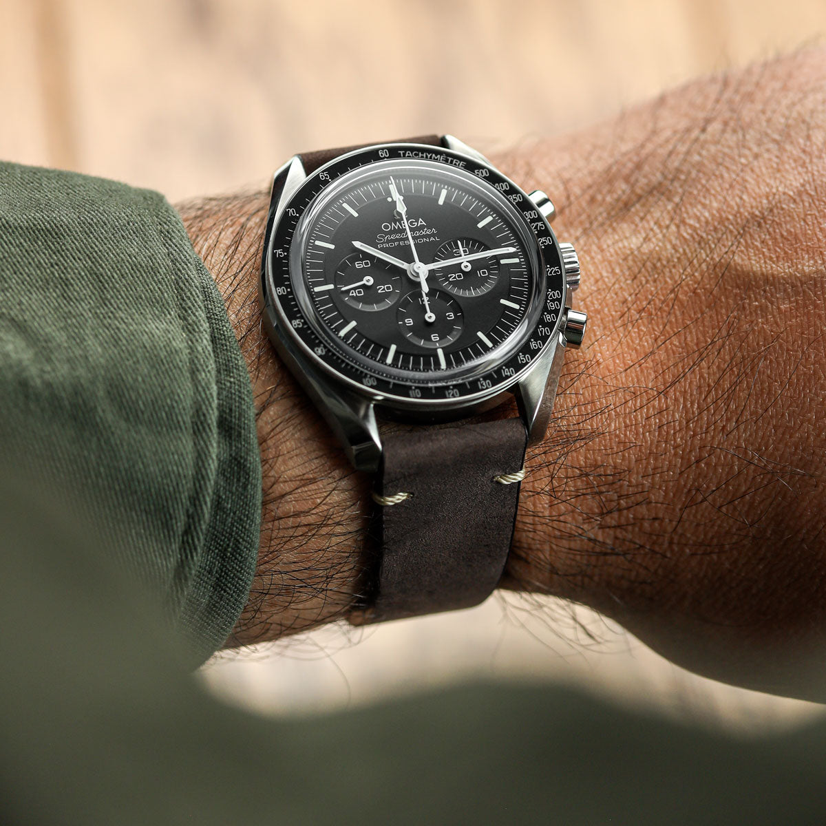 German V-Stitch Crazy Horse Leather Watch Strap - Charcoal on Omega Speedmaster