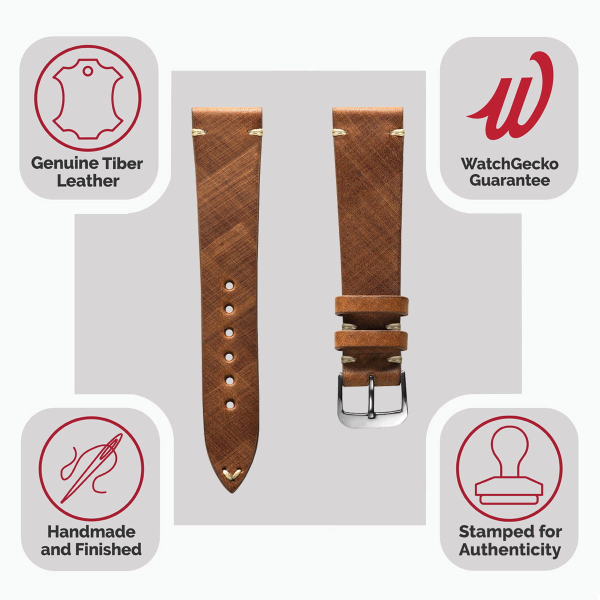 Cortez Vintage Stitching Genuine Leather Watch Strap - Cognac