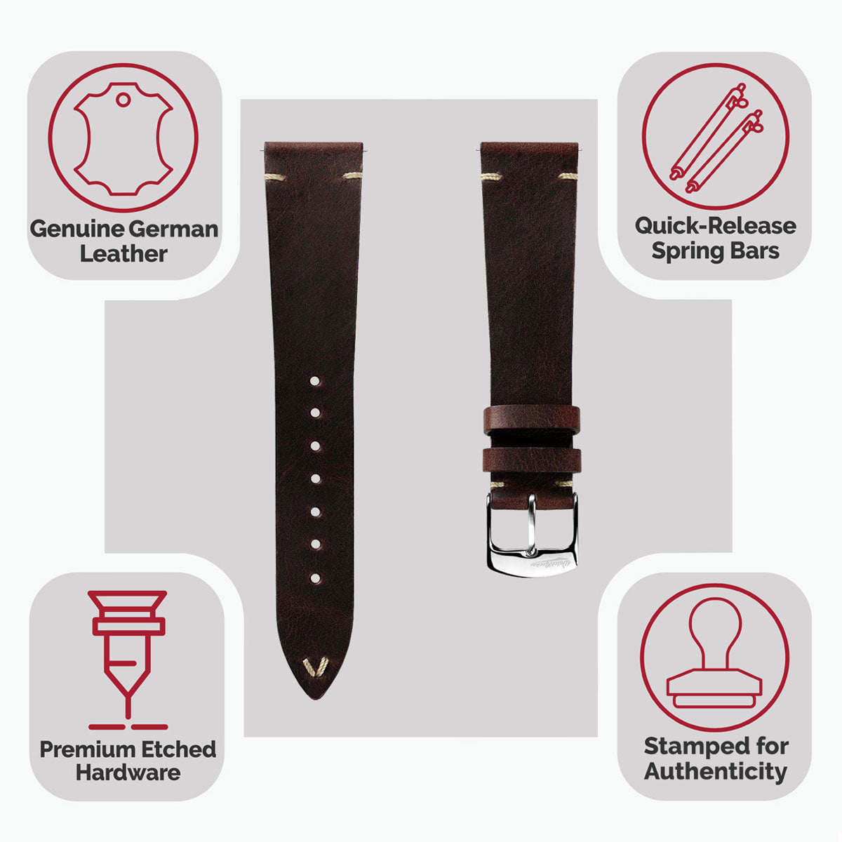 Vintage-Stitched Genuine Leather Watch Strap - Crazy Horse Chocolate Brown