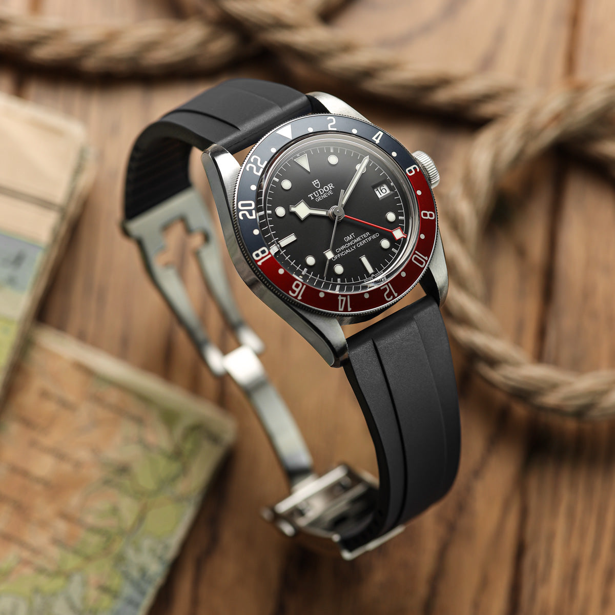 WatchGecko Sedona Rubber Deployant Watch Strap - Black on Tudor GMT