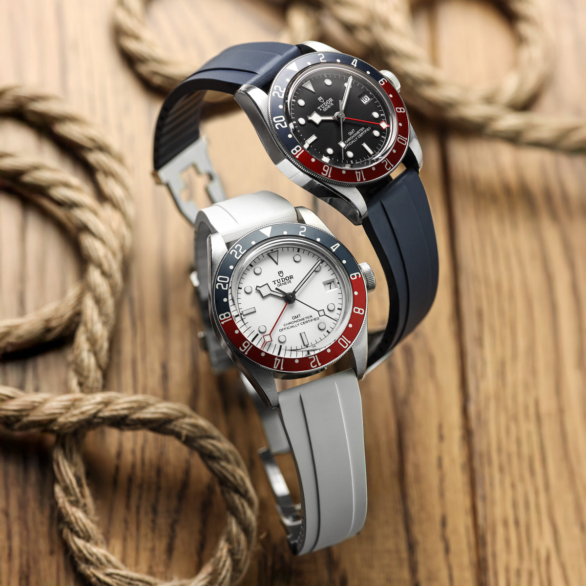 WatchGecko Sedona Rubber Deployant Watch Strap - Blue and White on Tudor GMT