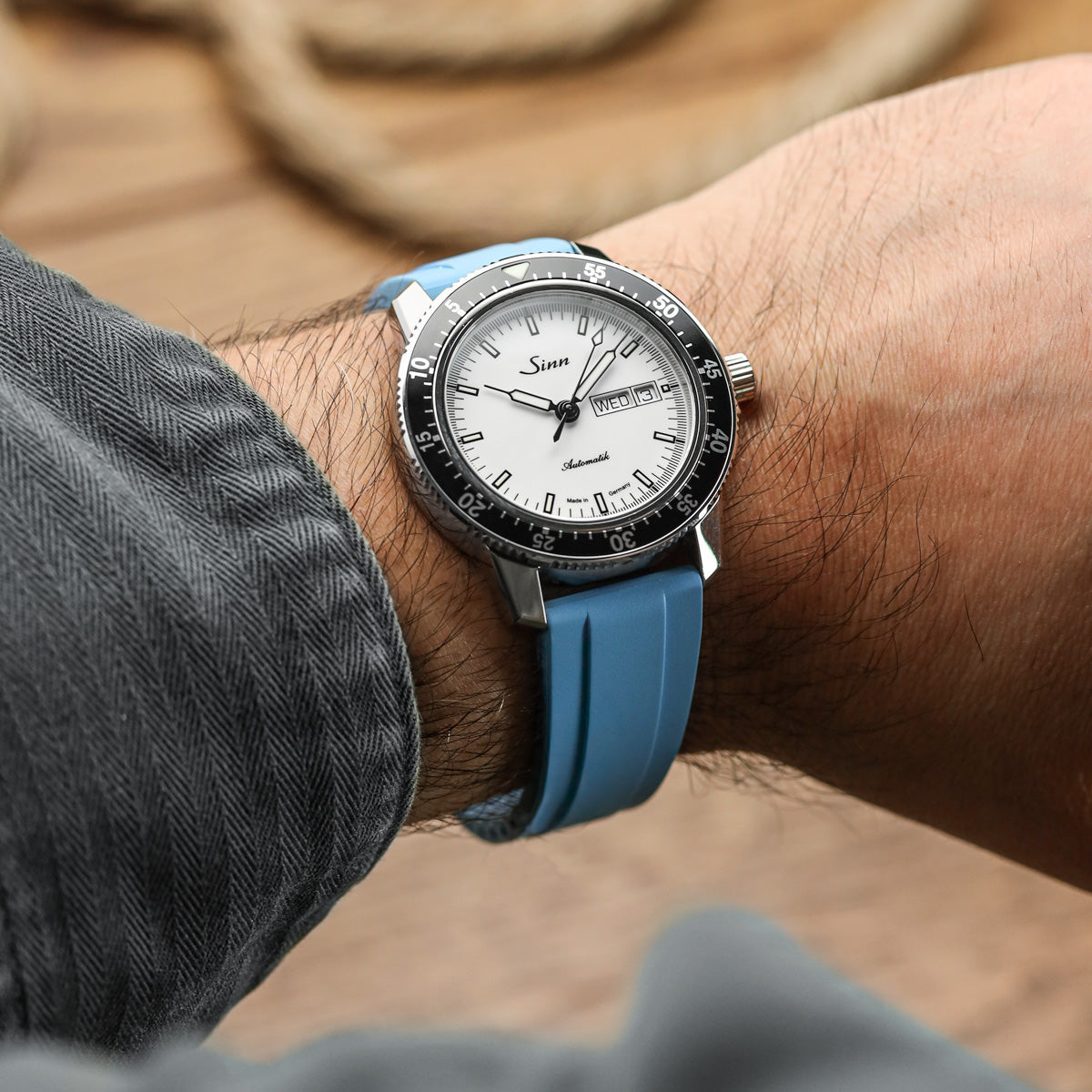 WatchGecko Sedona Rubber Deployant Watch Strap - Light Blue on Sinn 104