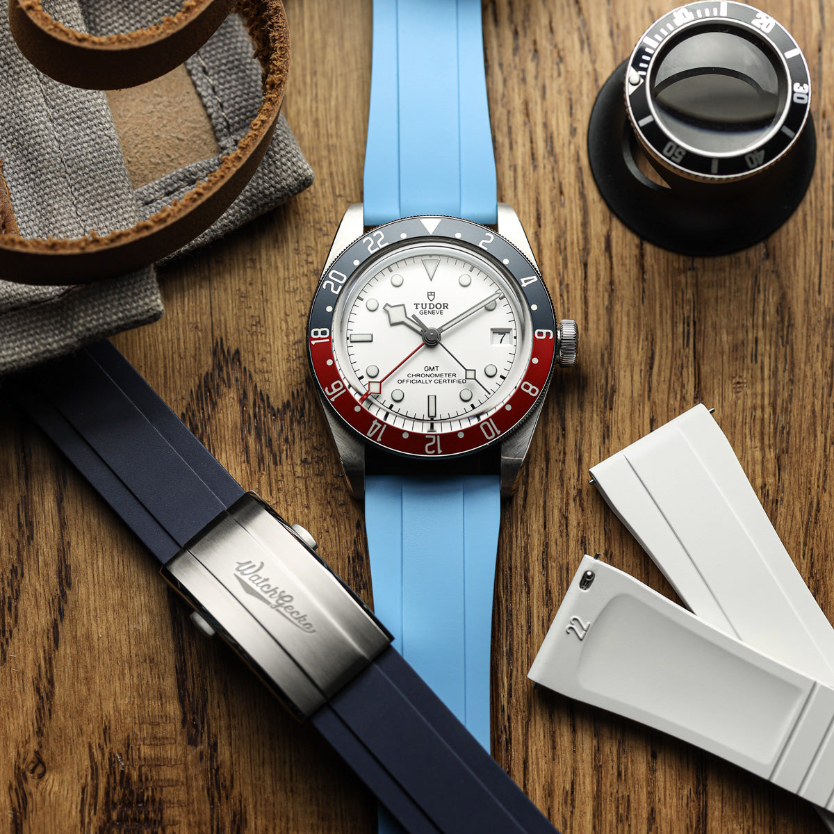 WatchGecko Sedona Rubber Deployant Watch Strap - Light Blue on Tudor GMT