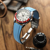 WatchGecko Sedona Rubber Deployant Watch Strap - Light Blue on Tudor GMT