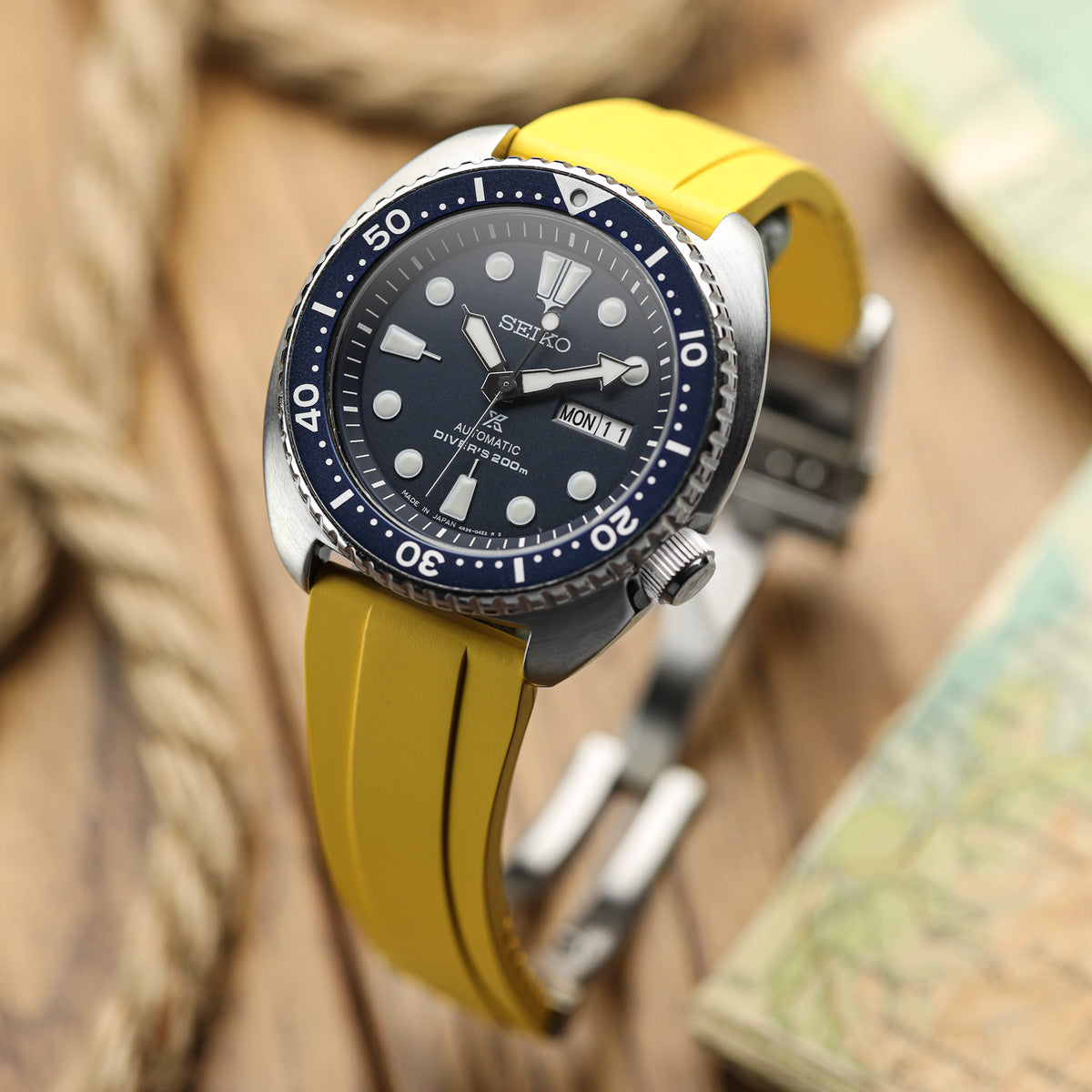 WatchGecko Sedona Rubber Deployant Watch Strap - Yellow on Seiko Turtle