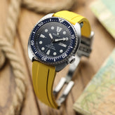 WatchGecko Sedona Rubber Deployant Watch Strap - Yellow on Seiko Turtle