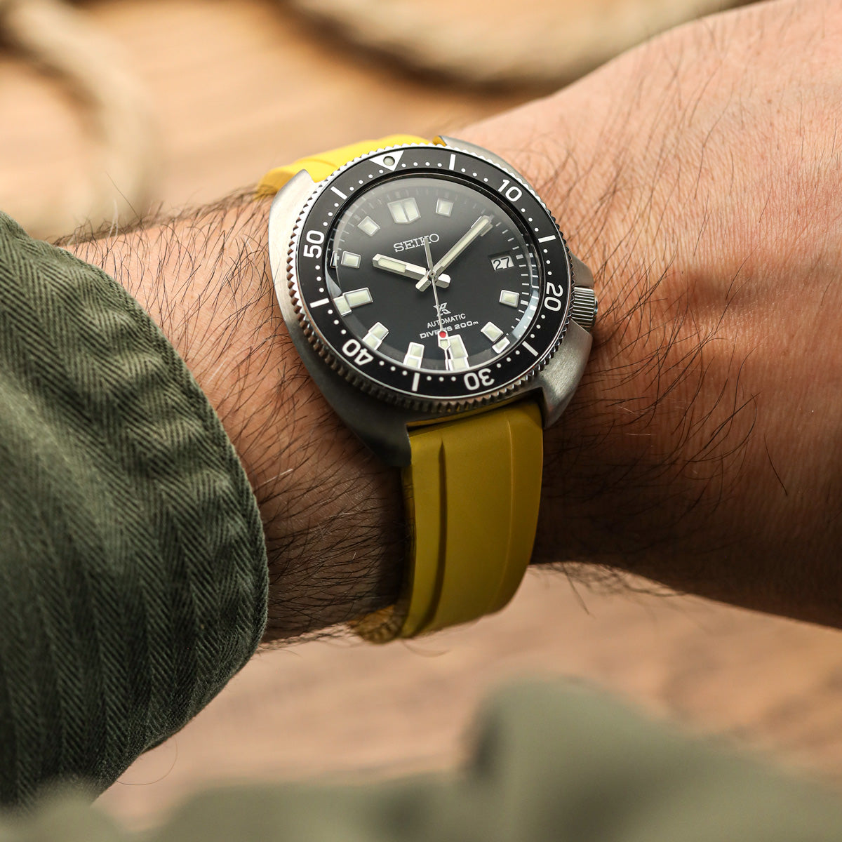 WatchGecko Sedona Rubber Deployant Watch Strap - Yellow on Seiko Captain Willard