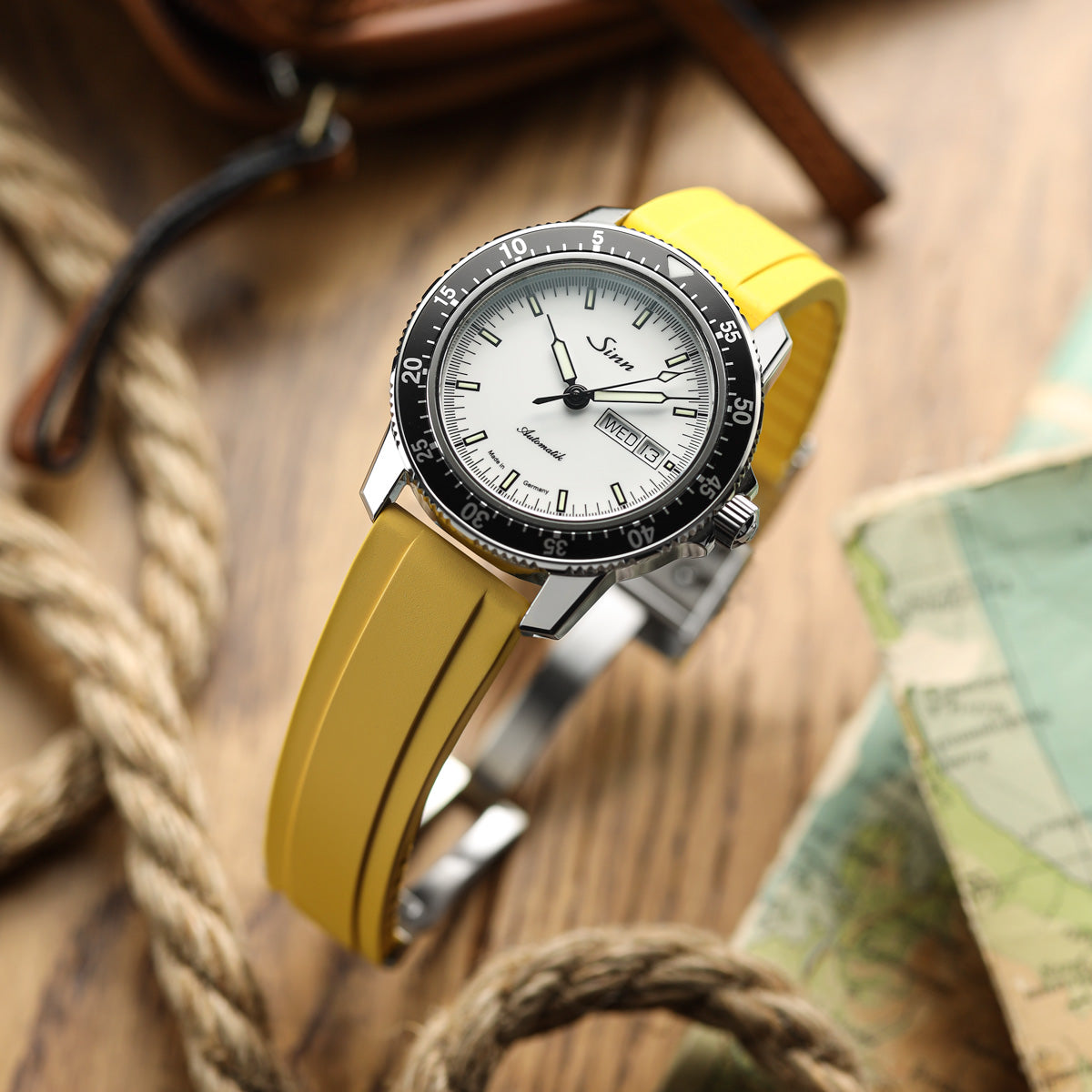 WatchGecko Sedona Rubber Deployant Watch Strap - Yellow on Sinn 104