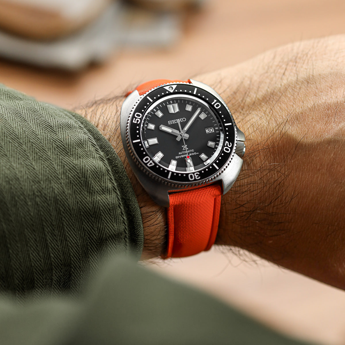 Endurance Rubber Deployant Watch Strap Flare Orange on Seiko