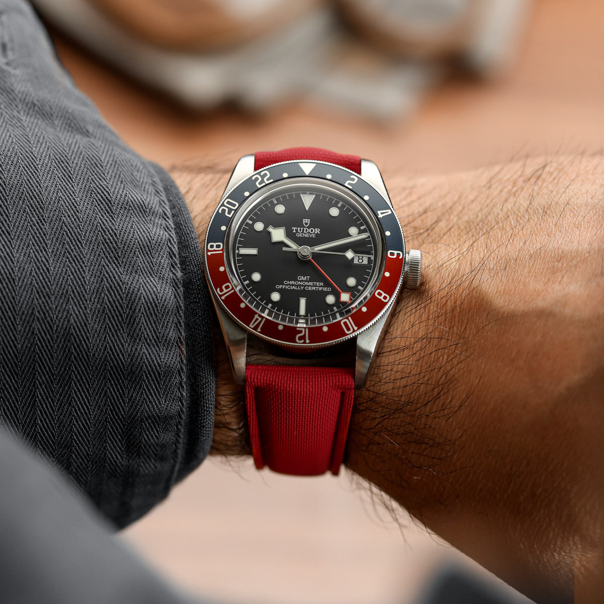 Endurance Rubber Deployant Watch Strap - Signal Red on Tudor GMT