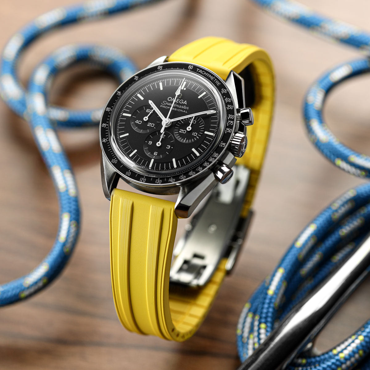 Radius CTS Rubber Watch Strap - Canary Yellow on Omega Speedmaster