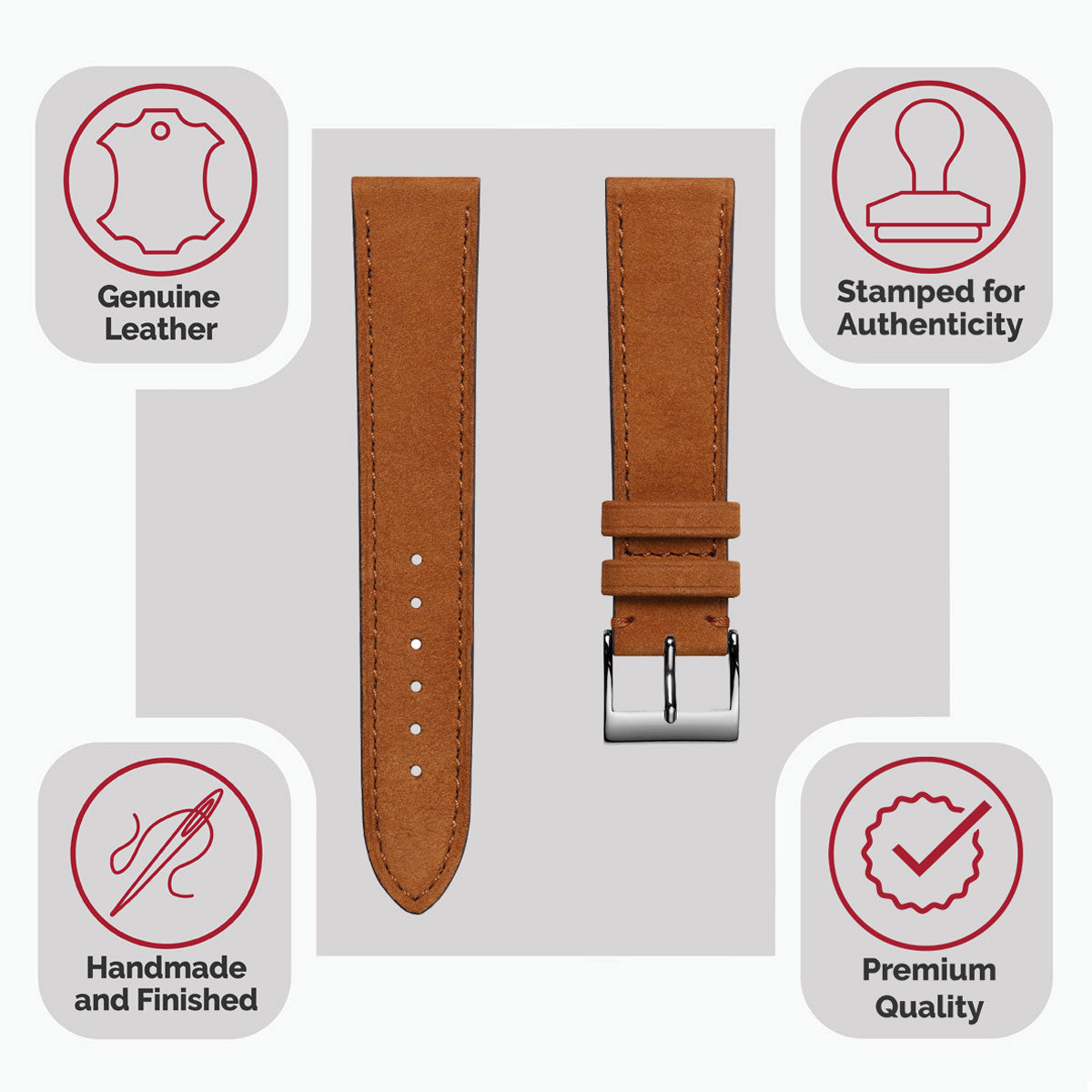 Mozet Flat Nubuck Handmade Leather Watch Strap - Cognac
