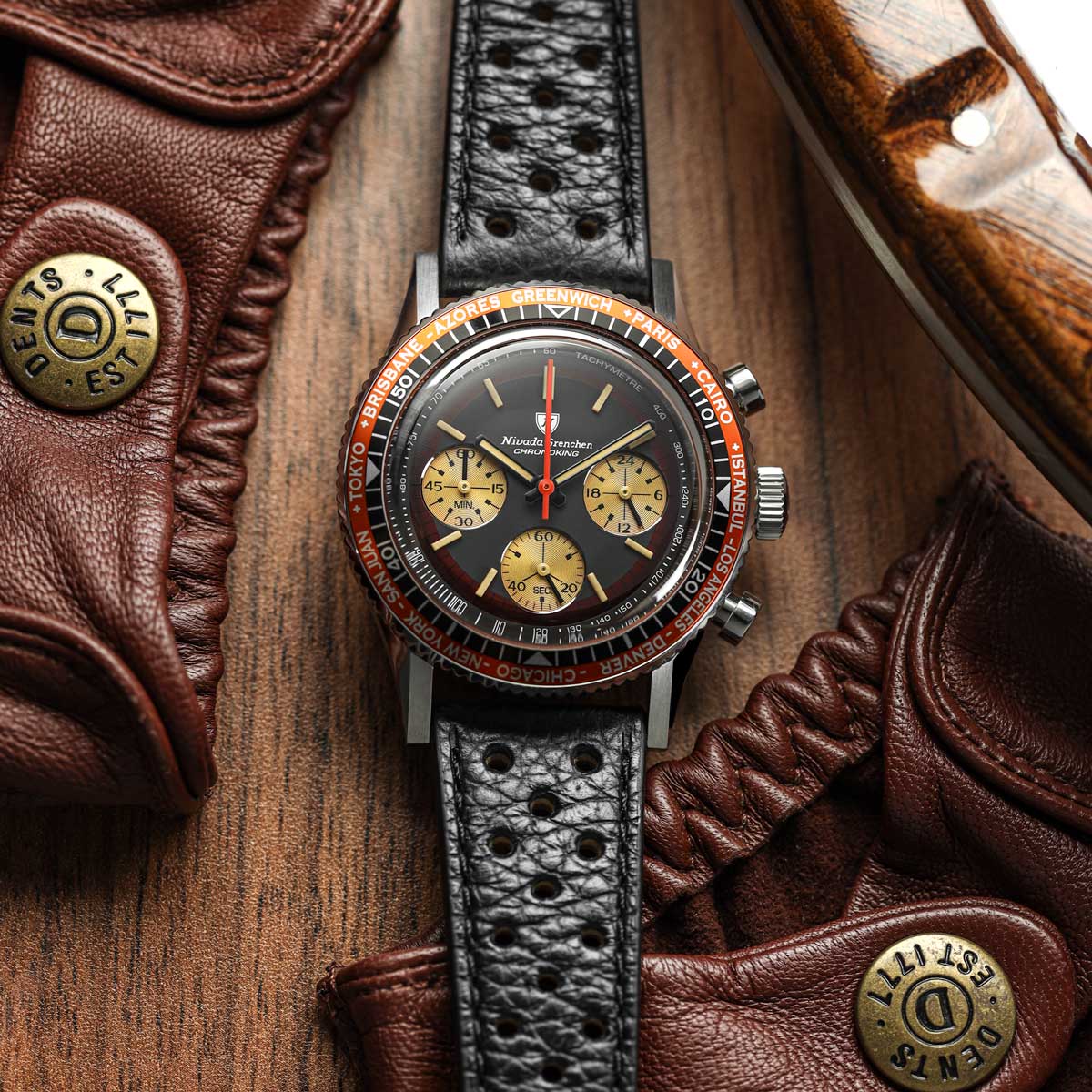 Nivada Grenchen Chronoking Racing II Black Amber - Black Racing Strap