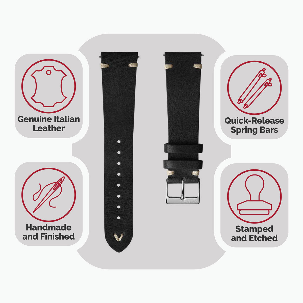 Classic Simple Handmade Italian Leather Watch Strap - Black