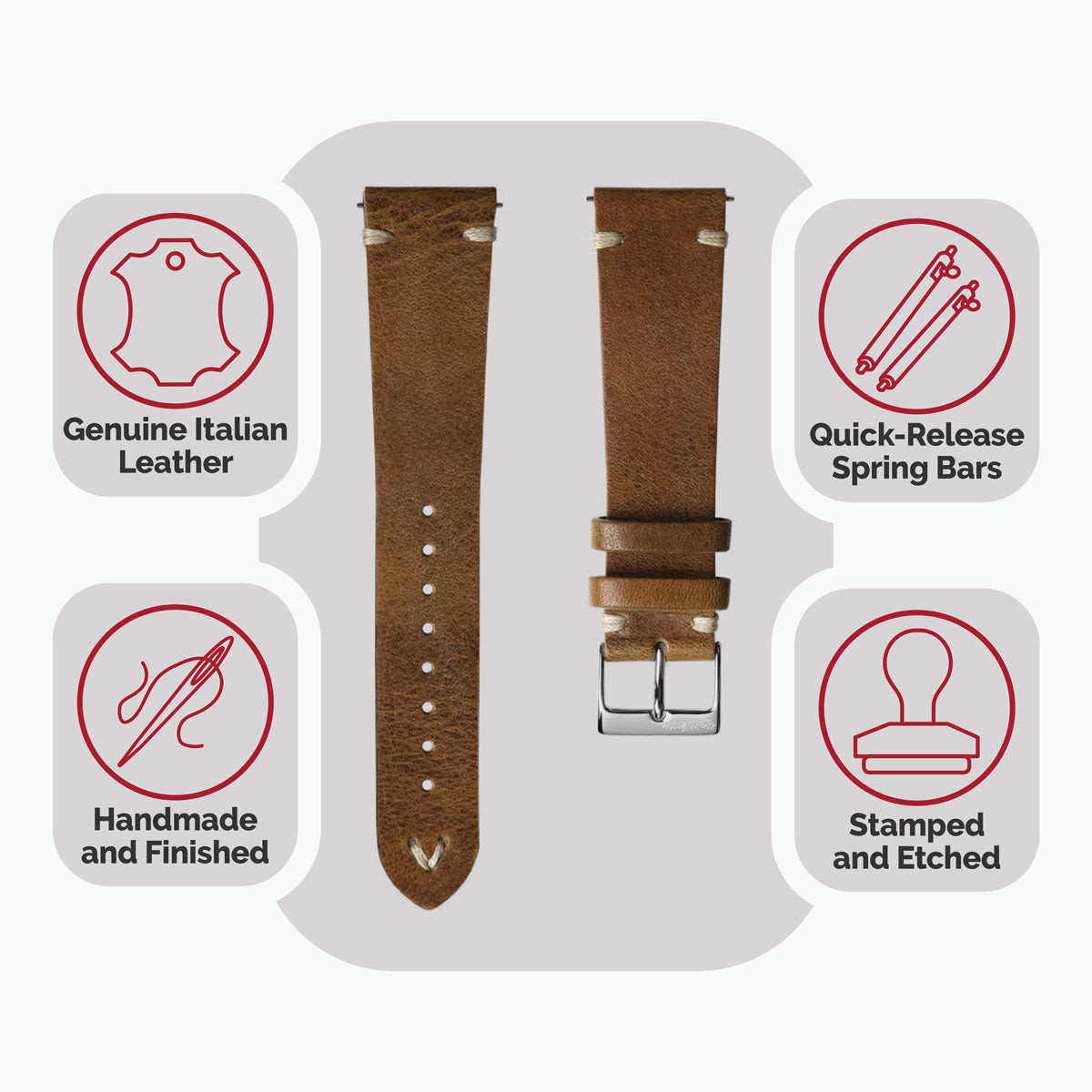 Classic Simple Handmade Italian Leather Watch Strap - Light Brown