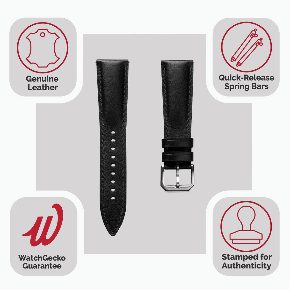 Tenby Padded Genuine Leather Watch Strap - Classic Black / Black
