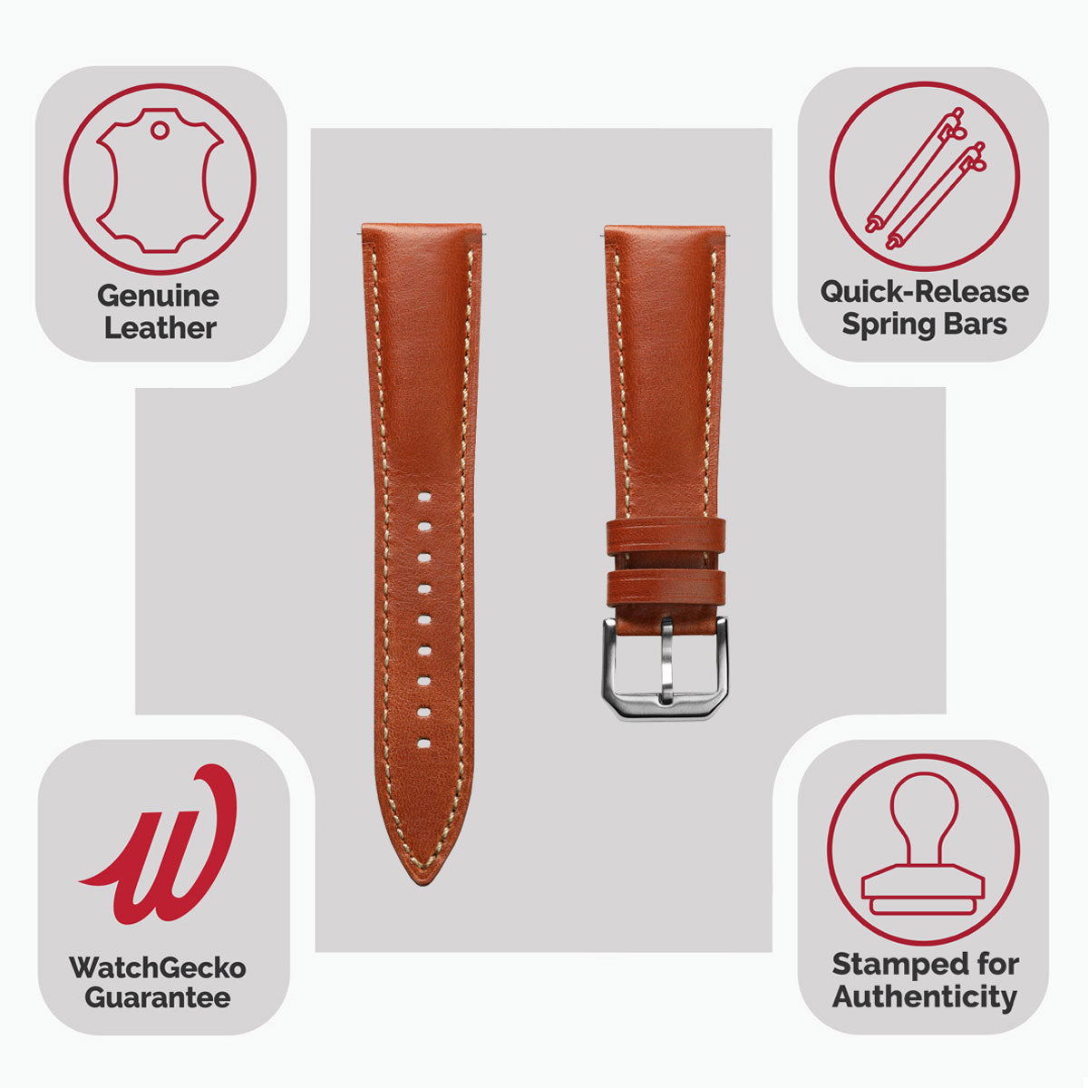 Tenby Padded Genuine Leather Watch Strap - Classic Rust Brown