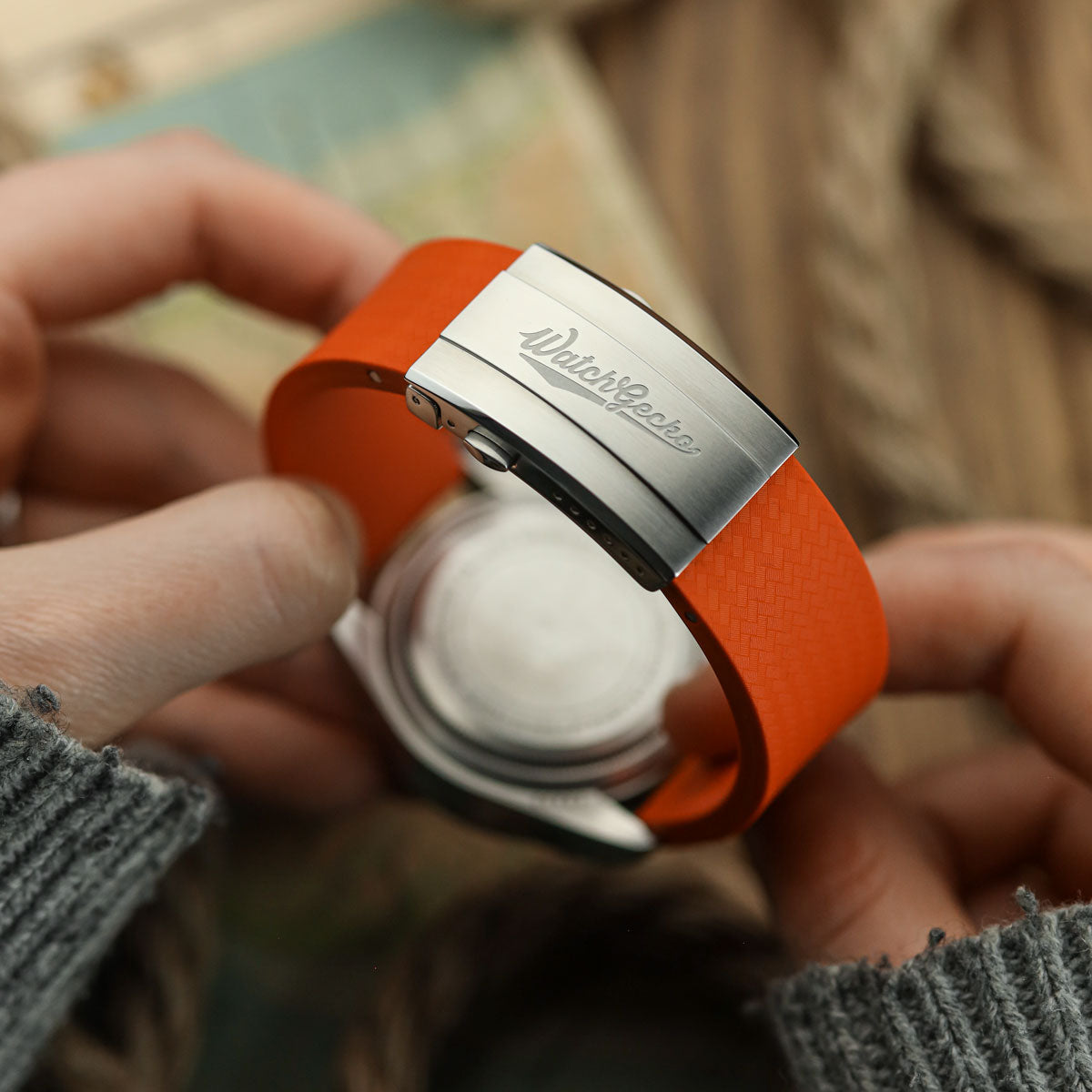 WatchGecko 400 Italian Rubber Divers Reversible Watch Strap - Orange - Brushed/Polished