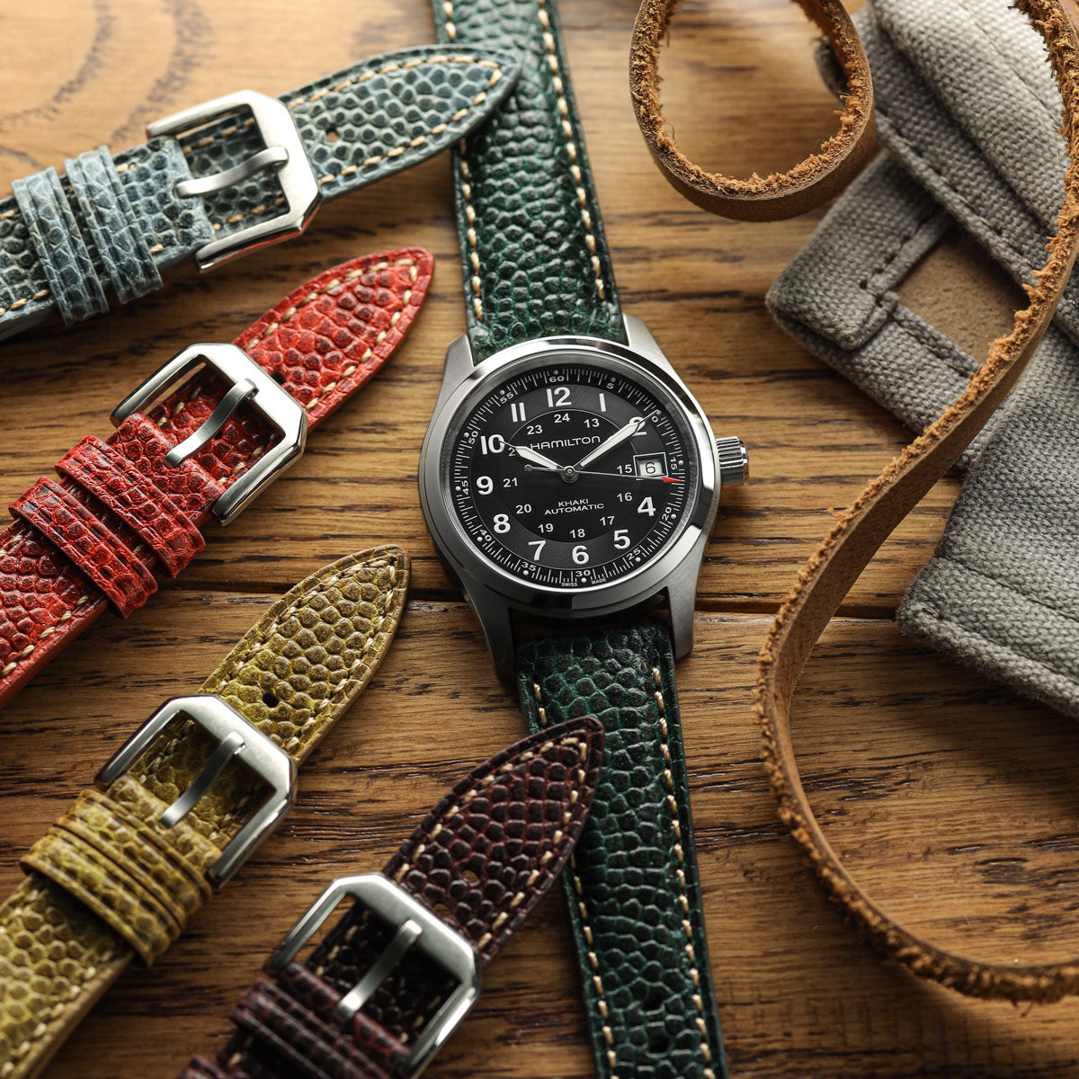 Adassa Padded Leather Watch Strap - Caviar Oxblood Red