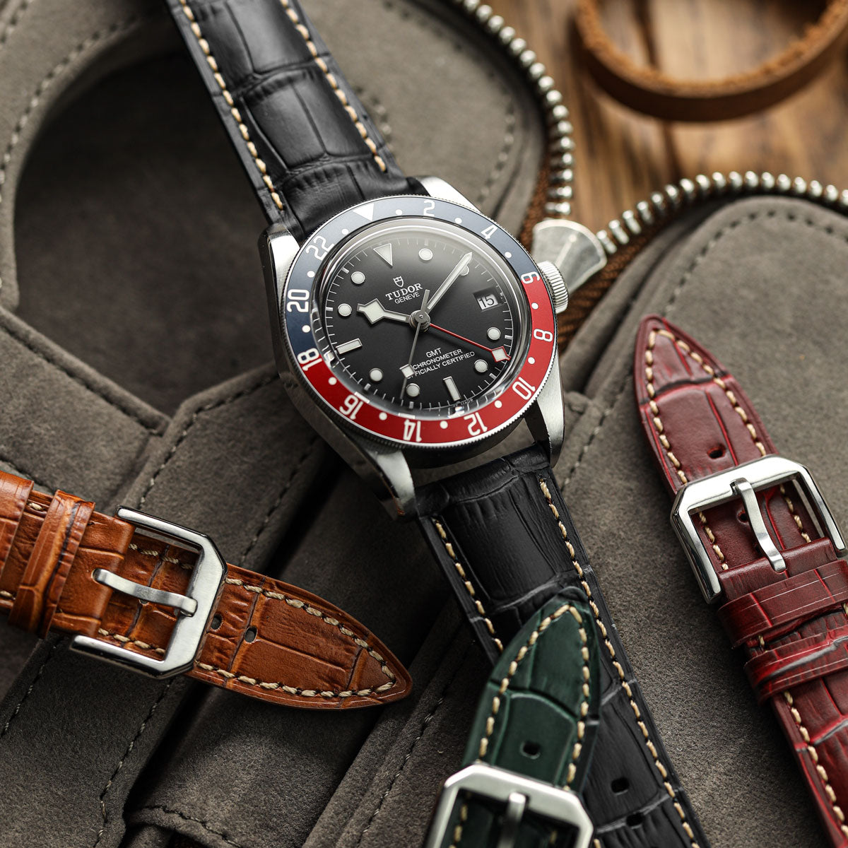 Carolina Gator Print Genuine Leather Watch Strap - Black on Tudor GMT