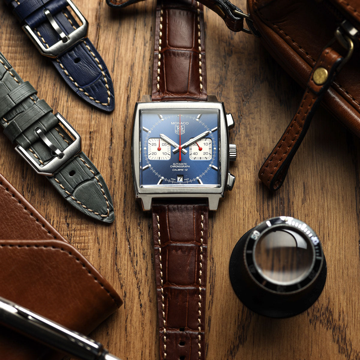 Carolina Gator Print Genuine Leather Watch Strap - Dark Brown on Tag Heuer Monaco