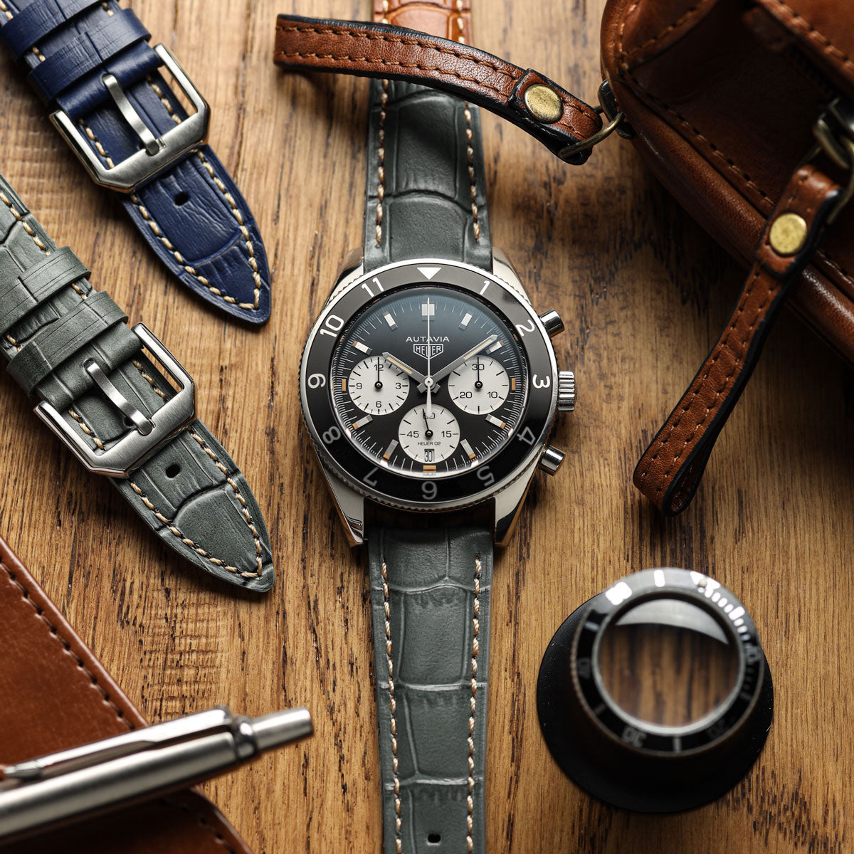 Carolina Gator Print Genuine Leather Watch Strap - Grey on Tag Heuer Autavia