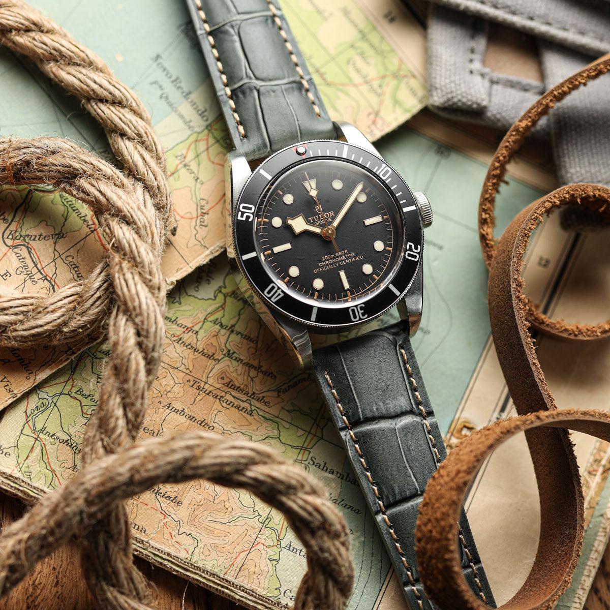 Carolina Gator Print Genuine Leather Watch Strap - Grey on Tudor Black Bay 58