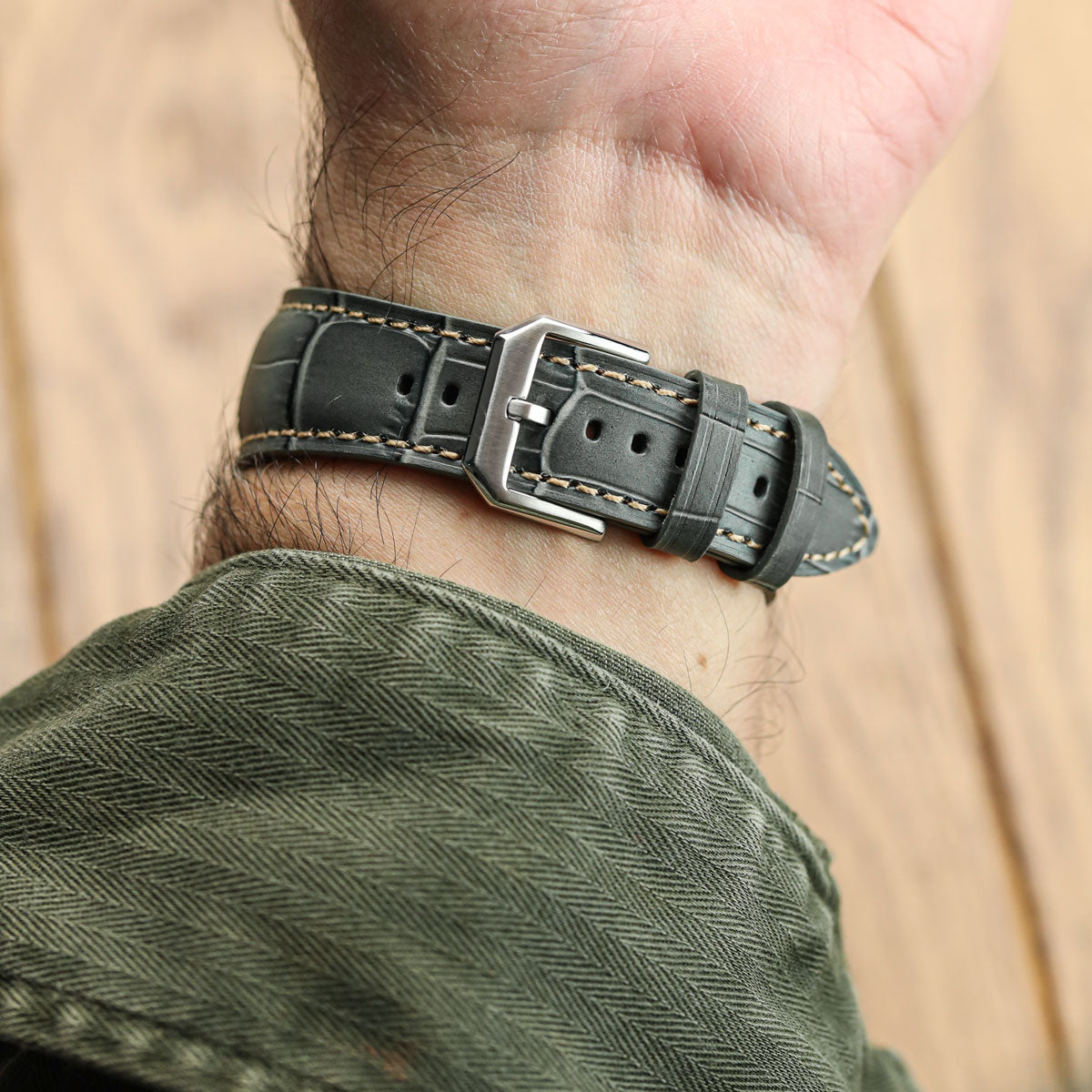 Carolina Gator Print Genuine Leather Watch Strap - Grey