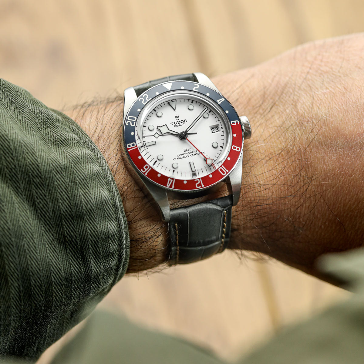 Carolina Gator Print Genuine Leather Watch Strap - Grey on Tudor GMT