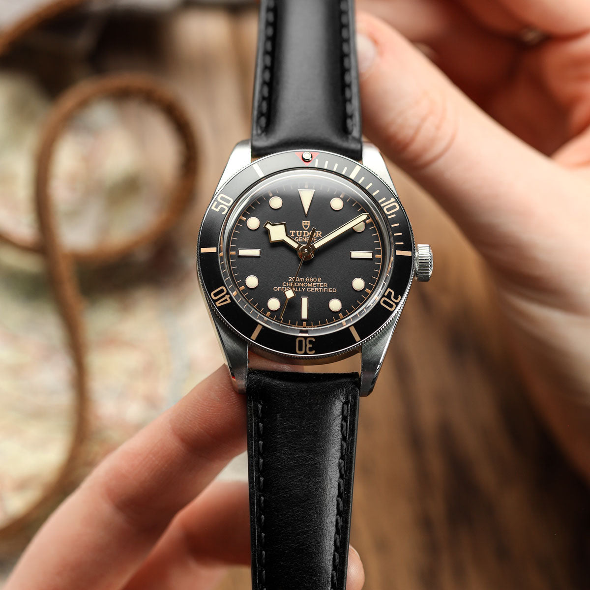 Tenby Classic Padded Genuine Leather Watch Strap - Black & Black Stitching on Tudor Black Bay 58