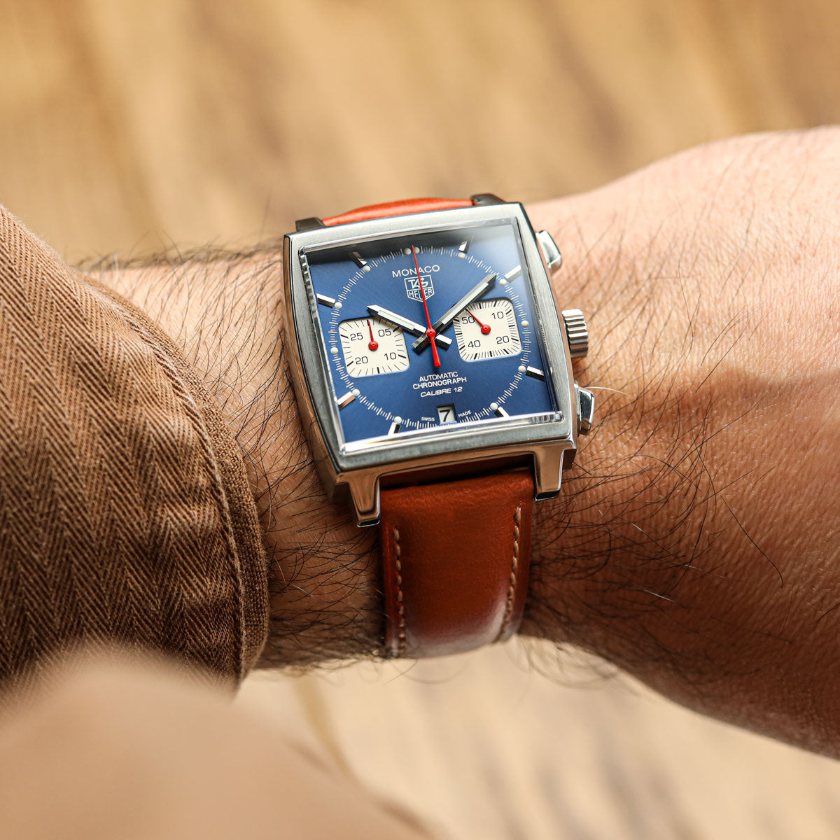 Tenby Classic Padded Genuine Leather Watch Strap - Rust Brown on Tag Heuer Monaco