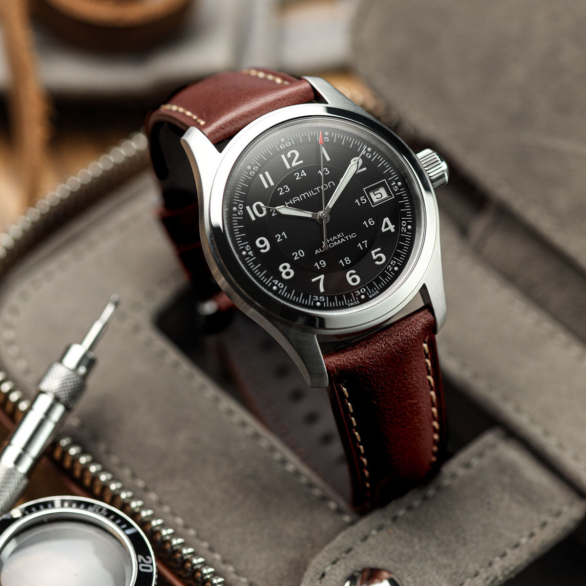 Tenby Classic Padded Genuine Leather Watch Strap - Burgundy & Burgundy Stitch on Hamilton Field Automatic