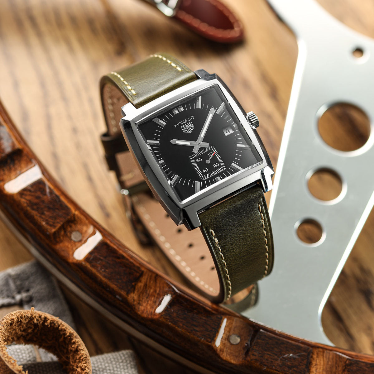 Brixham Special Buckle Classic Leather Watch Strap - Patina Green on Tag Heuer Monaco