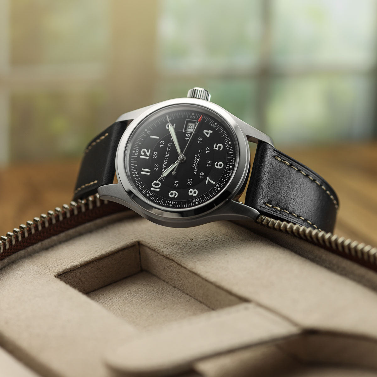 Brixham Special Buckle Vintage Leather Watch Strap - Black on Hamilton Khaki Field Automatic