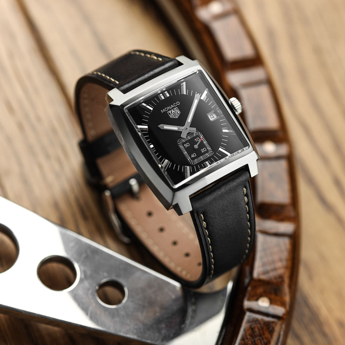 Brixham Special Buckle Vintage Leather Watch Strap - Black on Tag Heuer Monaco