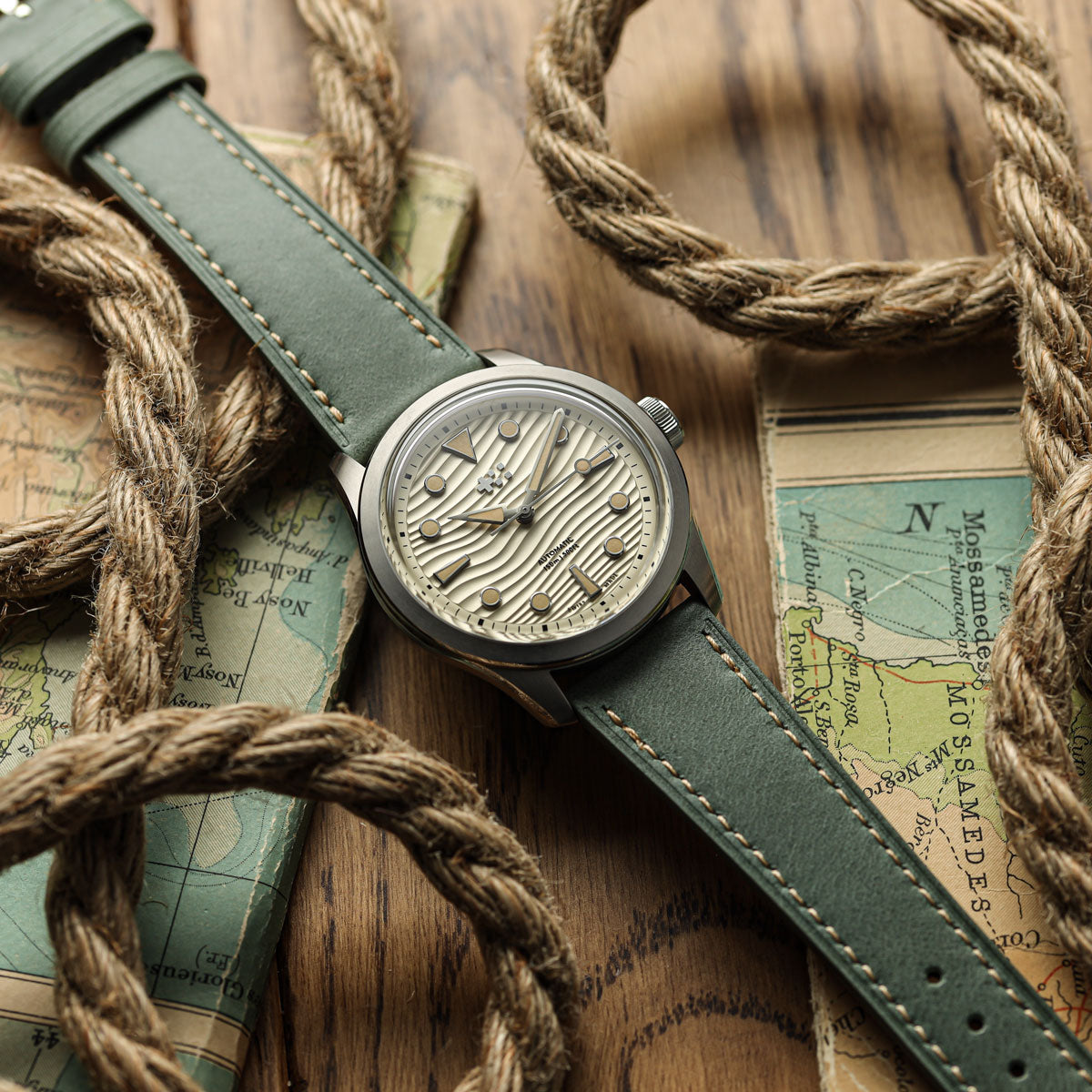 WatchGecko Brixham Special Buckle Vintage Leather Watch Strap - Sage Green on Christopher Ward Dune
